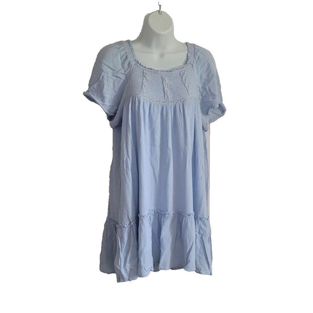 In Loom Mini Dress Blue Small Cottage  Milkmaid Babydoll Smocked Gauzy Lined